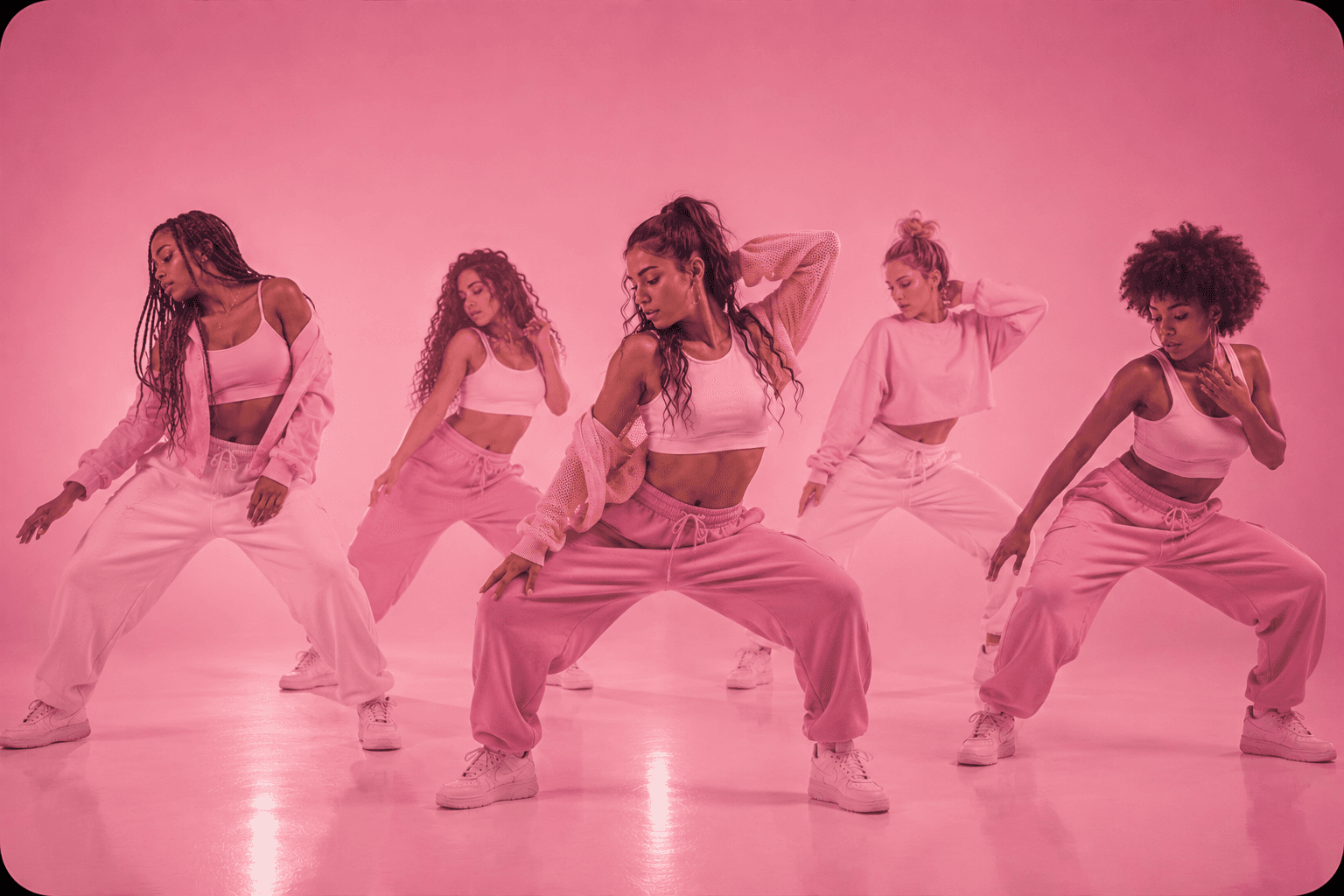 Groupe de danseuses de dancehall en pleine chorégraphie sur un fond rose