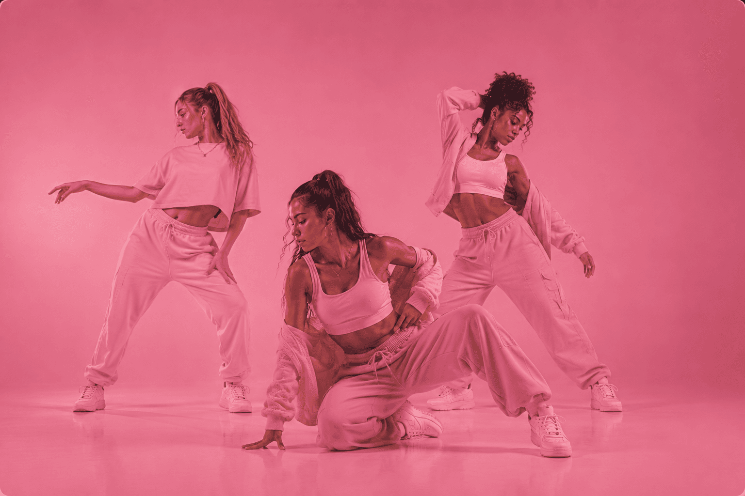 Trois danseuses d’urban fusion en pleine chorégraphie sur un fond rose