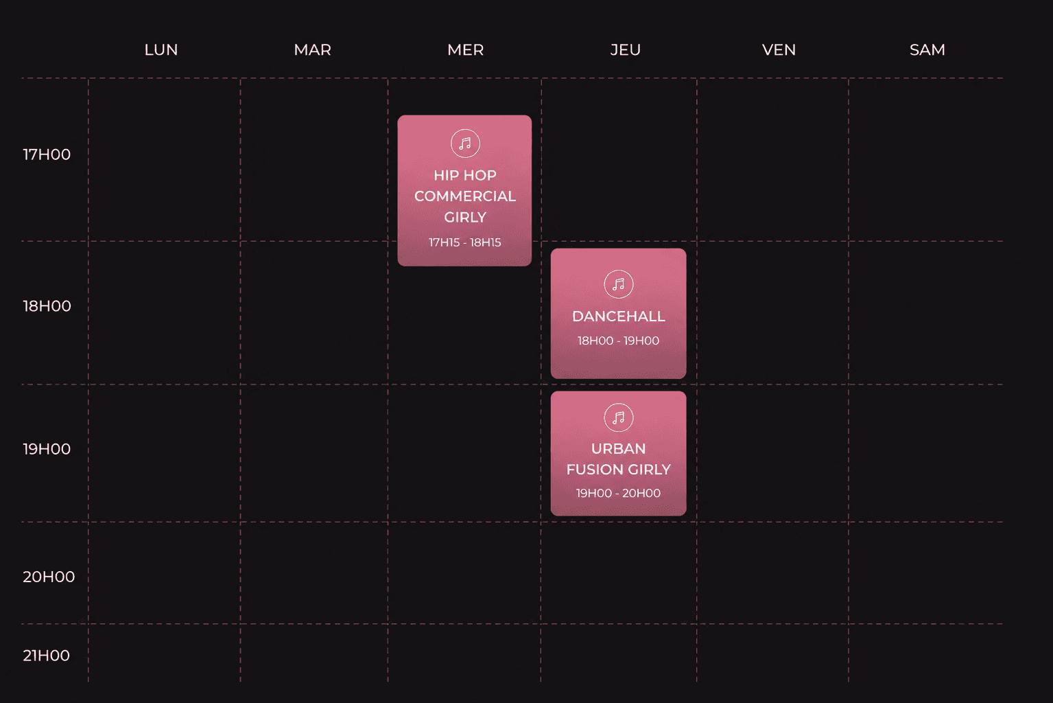 Planning hebdomadaire des cours : Hip Hop Commercial le mercredi de 17 h 15 à 18 h 15, Dancehall le jeudi de 18 h à 19 h et Urban Fusion Girly le jeudi de 19 h à 20 h.